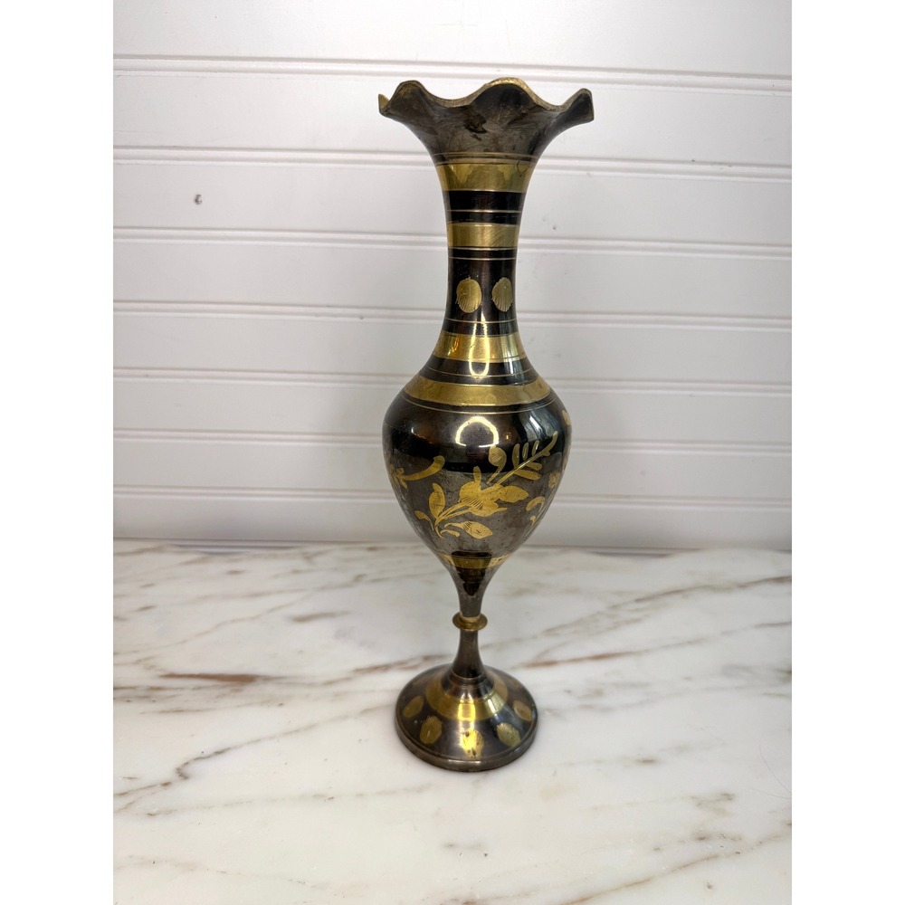 Vintage Etched Brass Bud Vase Black Gold Floral Ruffled Rim Indian Metalwork